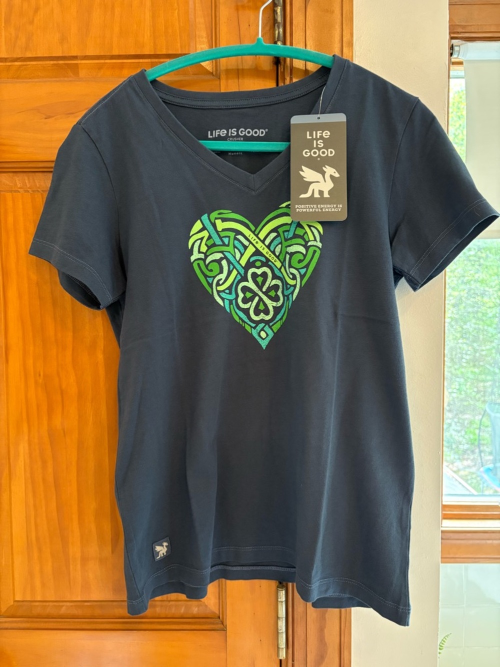 Life Is Good Navy V‑Neck Tee with Green Celtic Heart Graphic NWT